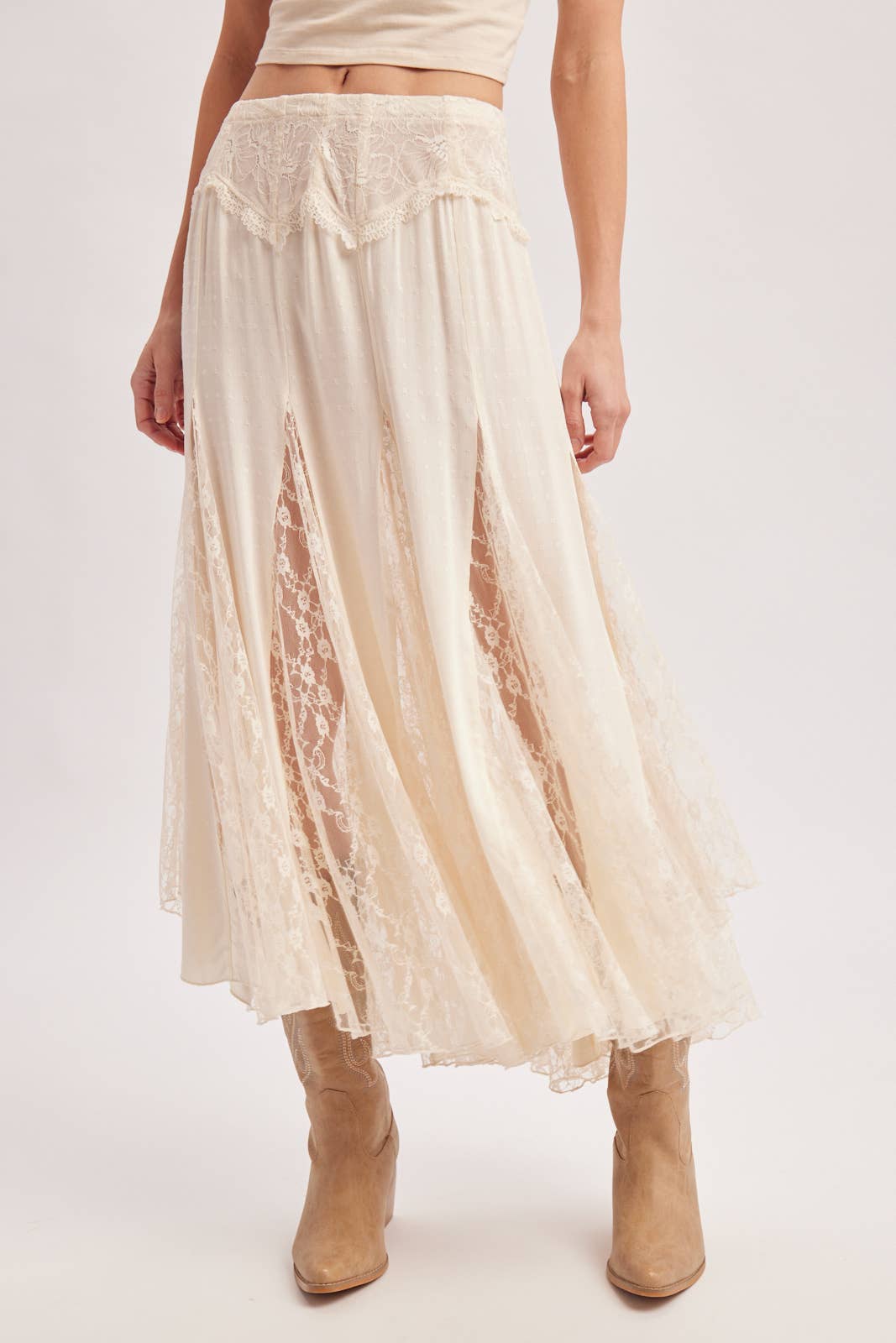 BOHO FLOWY LACE MAXI SKIRT WITH NO LINING - EASTER DAY: ECRU / L