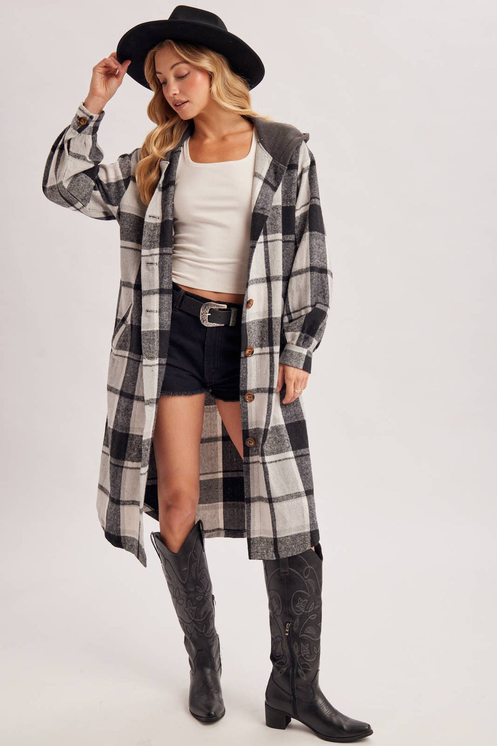 LONGLINE PLAID HOODED JACKET