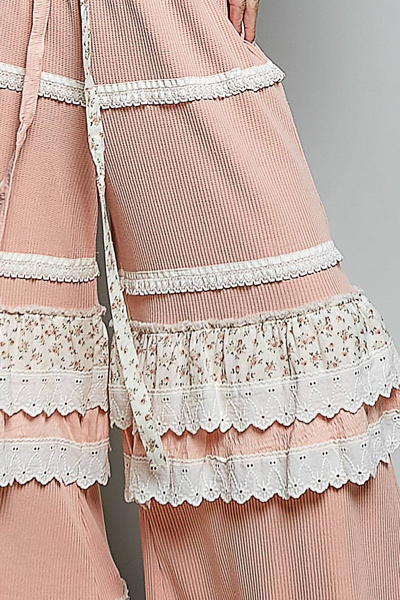 Floral Contrast Eyelet Ruffle Lace Trim Straight Knit Pants: BLUSH