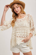 BEACH COVER-UP SHEER CROCHET TOP WITH NO LINING: NATURAL