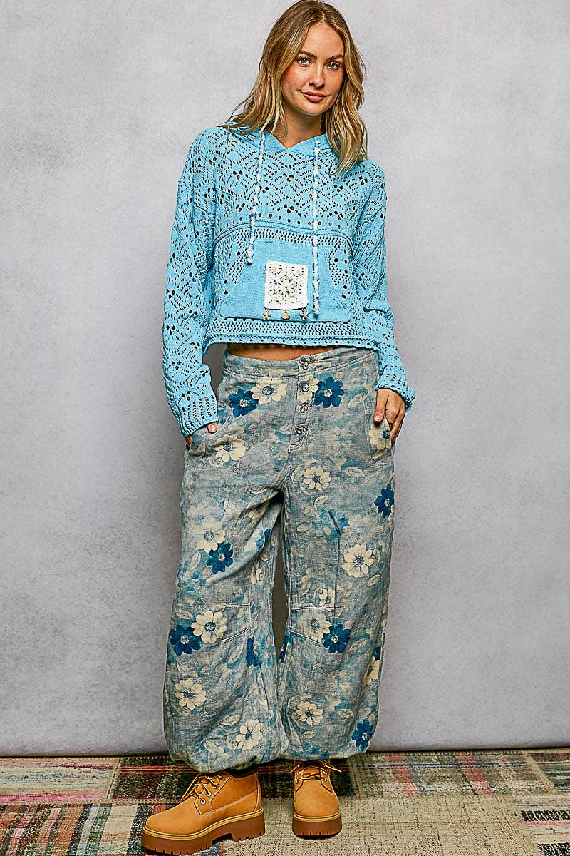 Chenille Crochet Lightweight Pullover Hoodie Sweater: NATURAL / L
