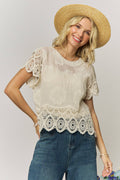 LACE SLEEVE COTTON TOP- LET4268: Beige / ONESIZE(6)