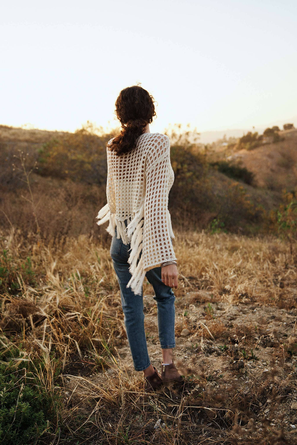 Boat Neck Fishnet Sweater with Fringe detail: Cream