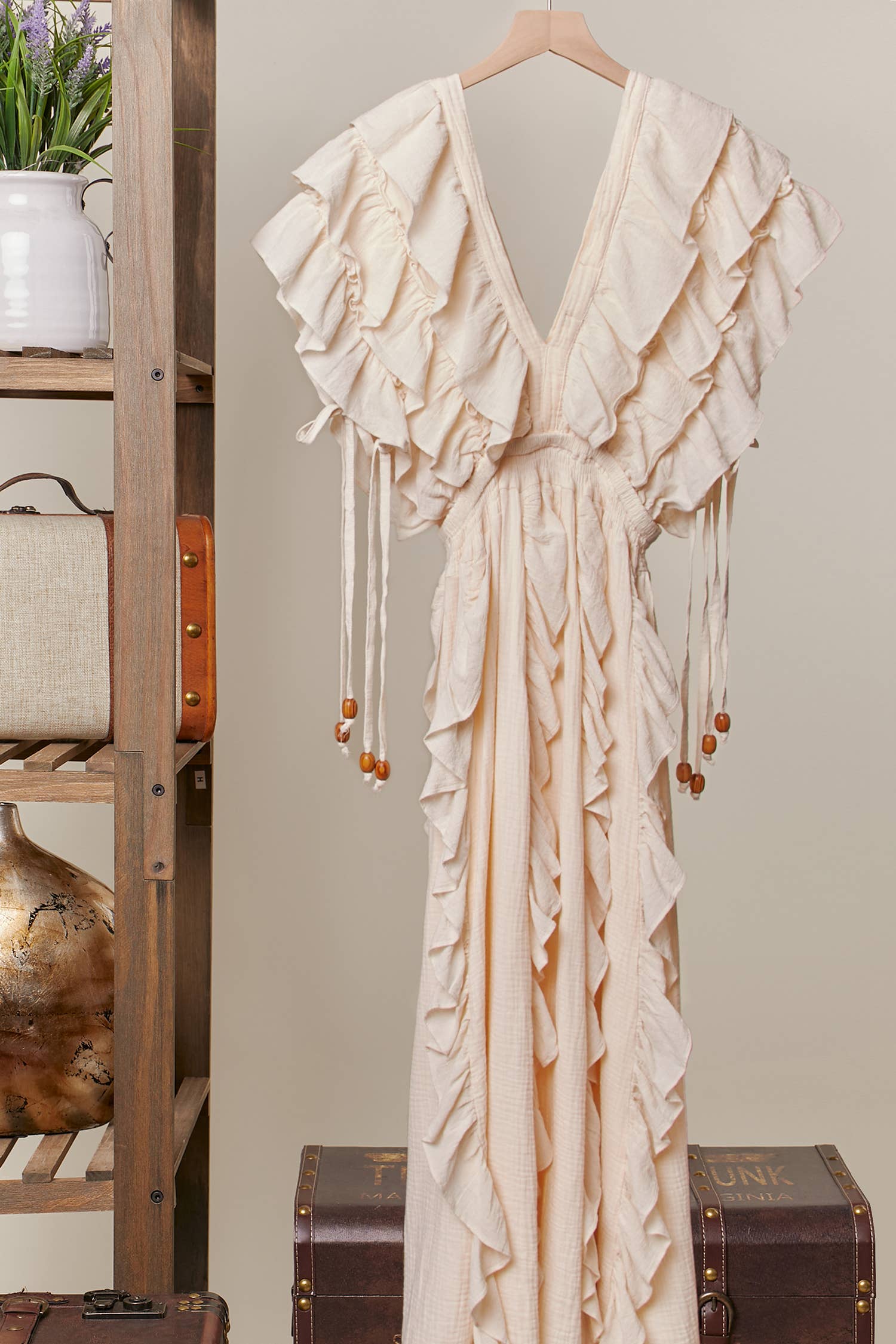 Flowy Ruffle Maxi Sleeveless Dress: Ivory