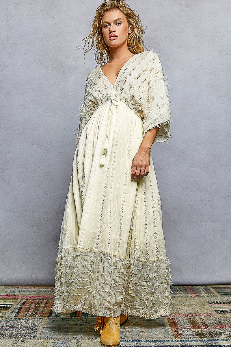 V-neck Metal Button Down Textured Linen Solid Maxi Dress: NATURAL / L