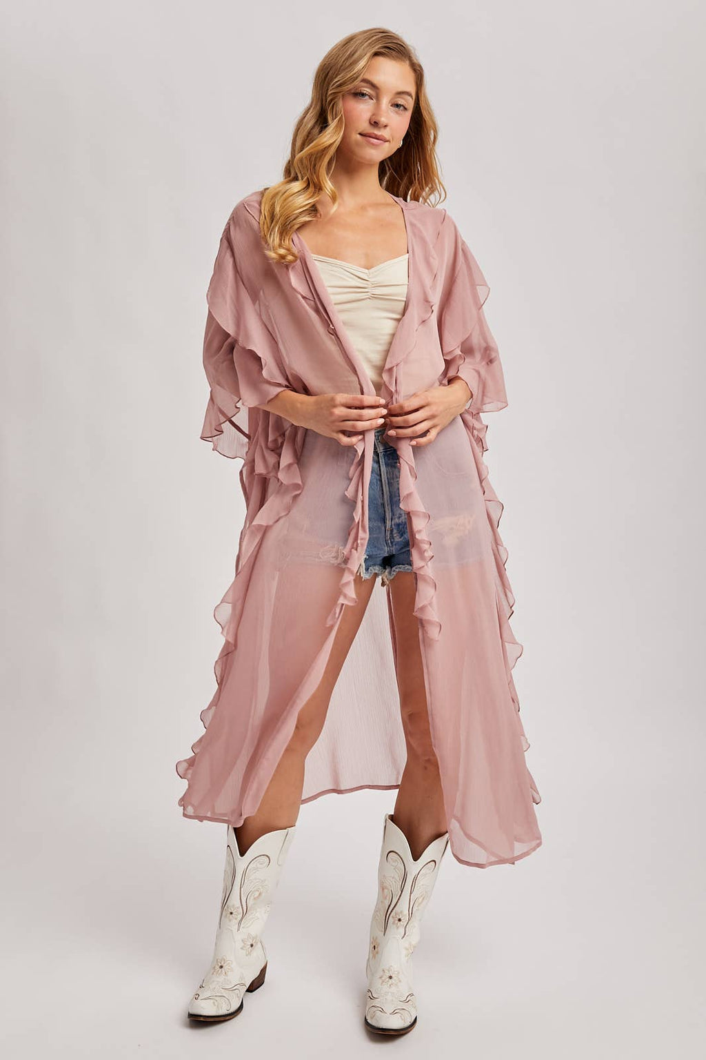SHEER RUFFLED OPEN FRONT KIMONO COVER-UP DRESS - EASTER DAY: DUSTY PINK / One Size