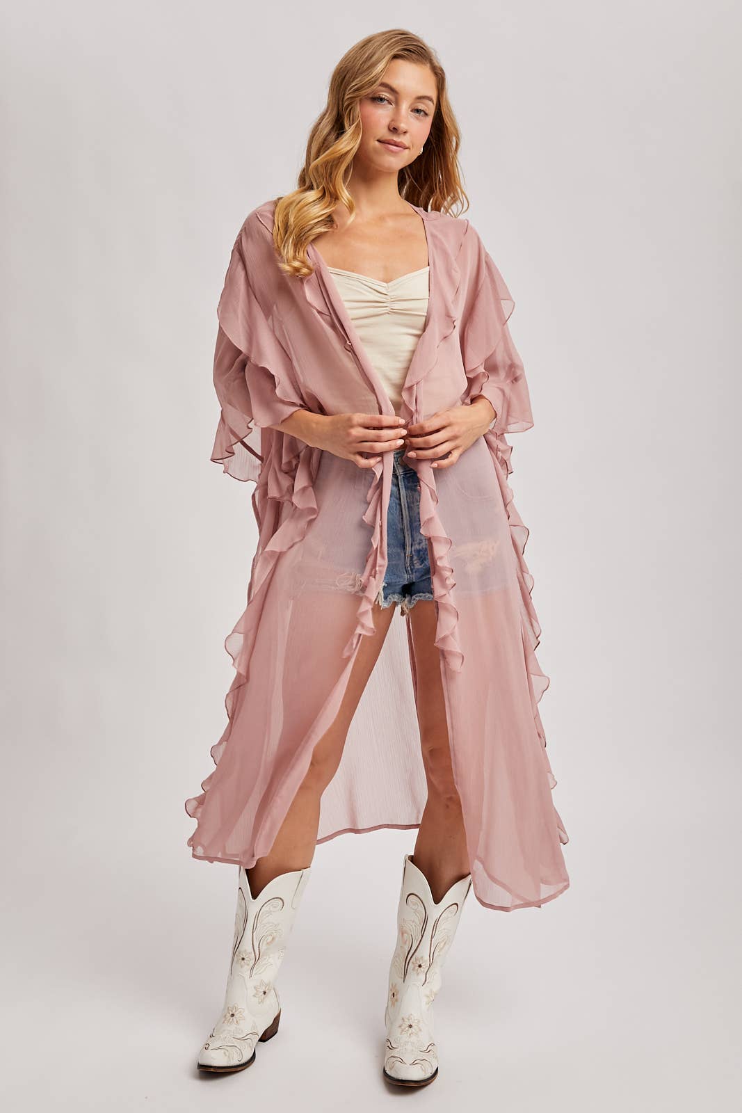 SHEER RUFFLED OPEN FRONT KIMONO COVER-UP DRESS - EASTER DAY: DUSTY PINK / One Size