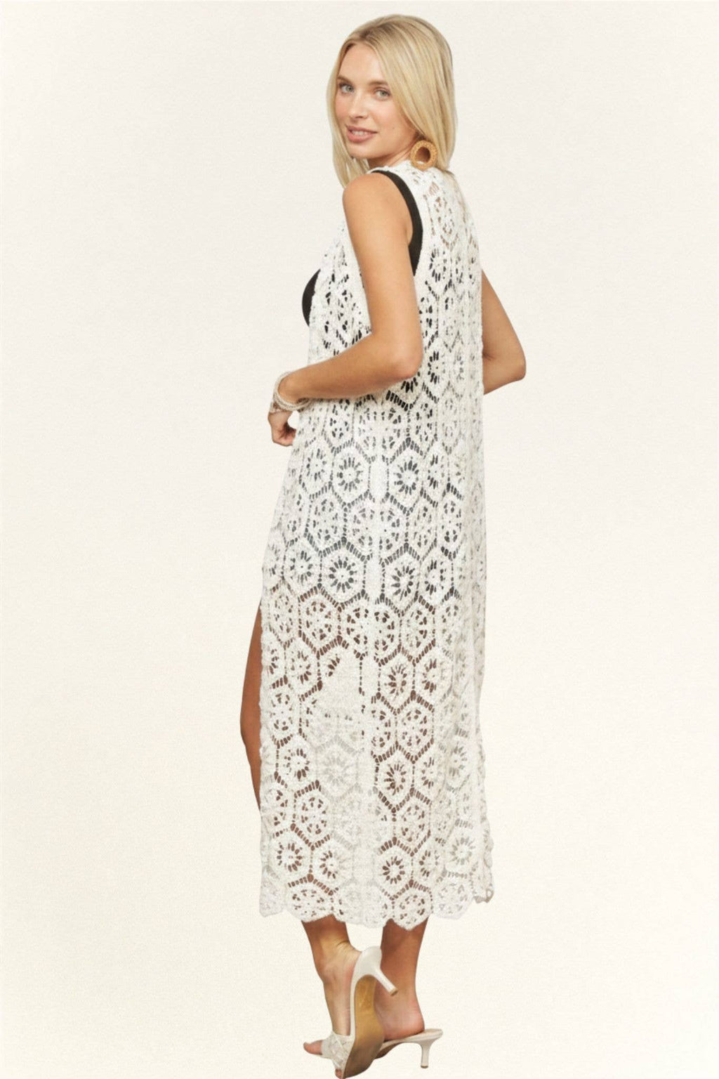 LONG CROCHET CARDIGAN VEST- LEJ4076: BEIGE / SM-ML(3-3)