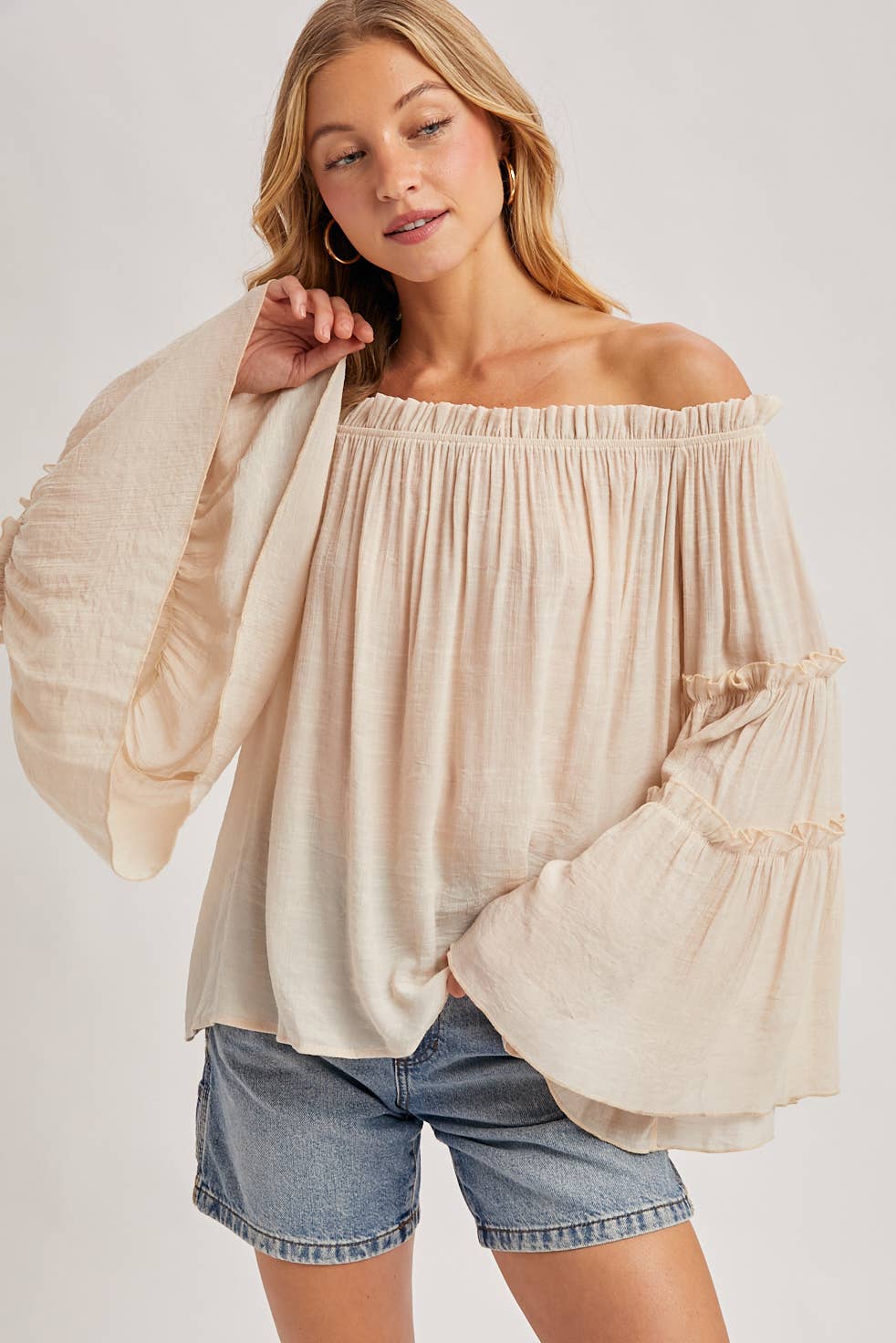 TEXTURED BELL SLEEVE OFF THE SHOULDER TOP: ROSE / M