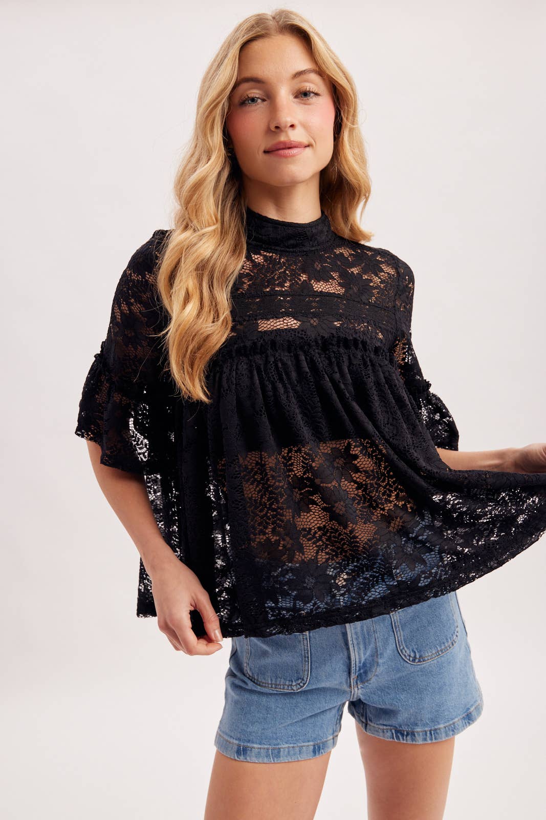 MOCK NECK BABY DOLL LACE TOP WITH NO LINING - EASTER DAY: Black / S