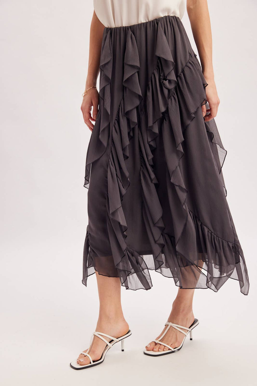 SEMI-SHEER CHIFFON RUFFLED TULLE MIDI SKIRT: ECRU
