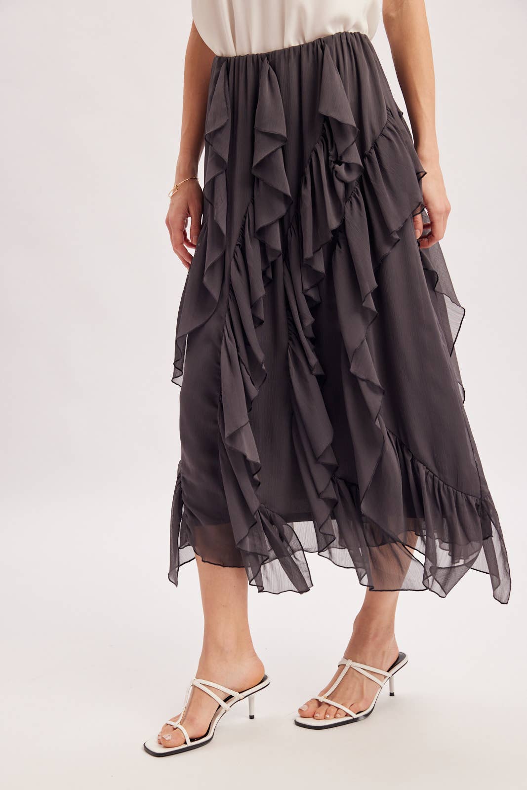 SEMI-SHEER CHIFFON RUFFLED TULLE MIDI SKIRT: ECRU