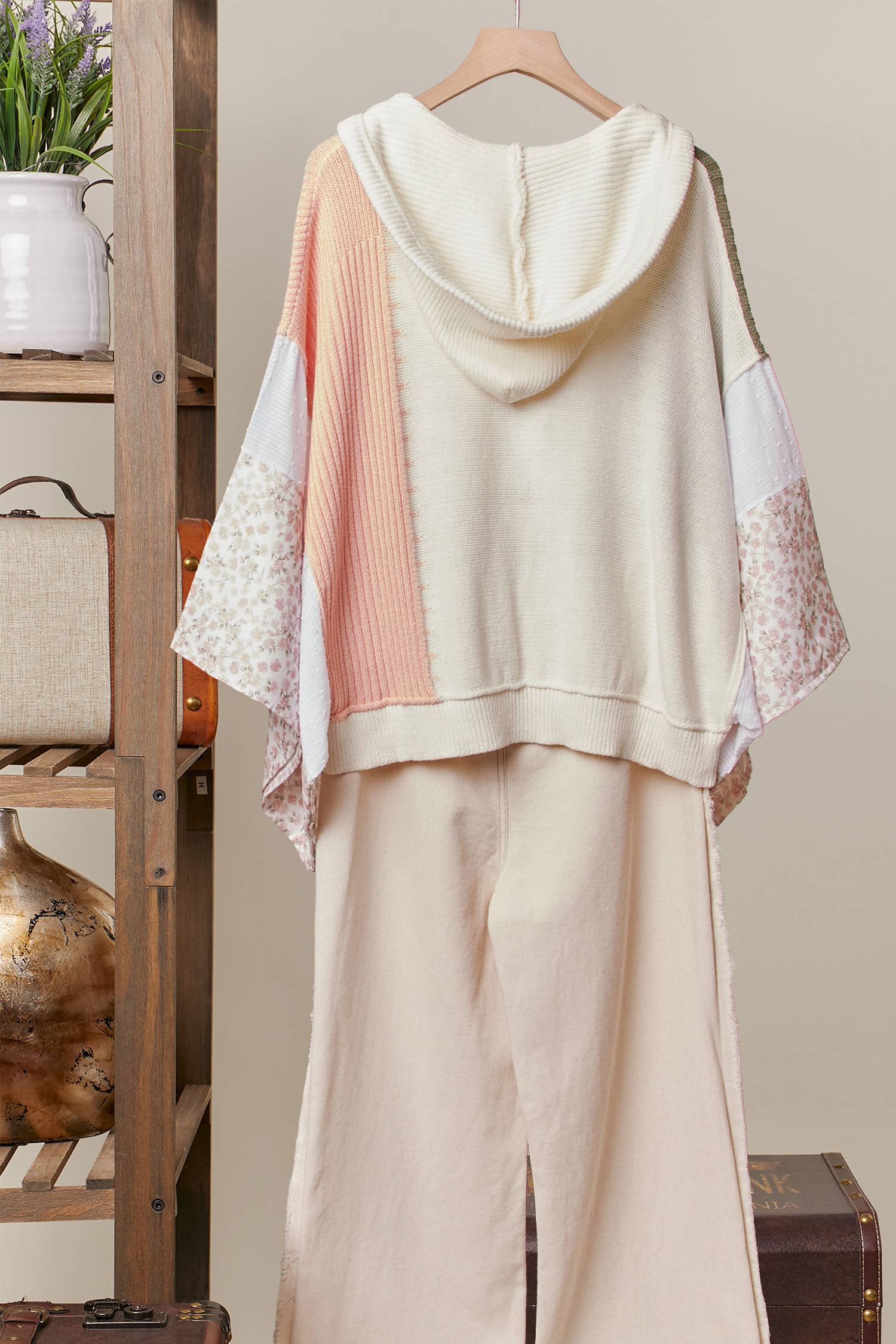 Color Block Crochet V Neck Hoodie: Multi