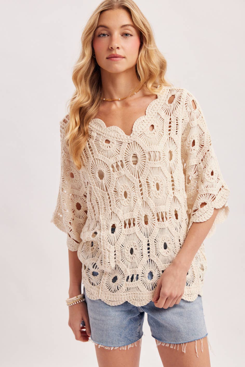 V-NECK OPEN-WORK CROCHET TOP: NATURAL / M/L
