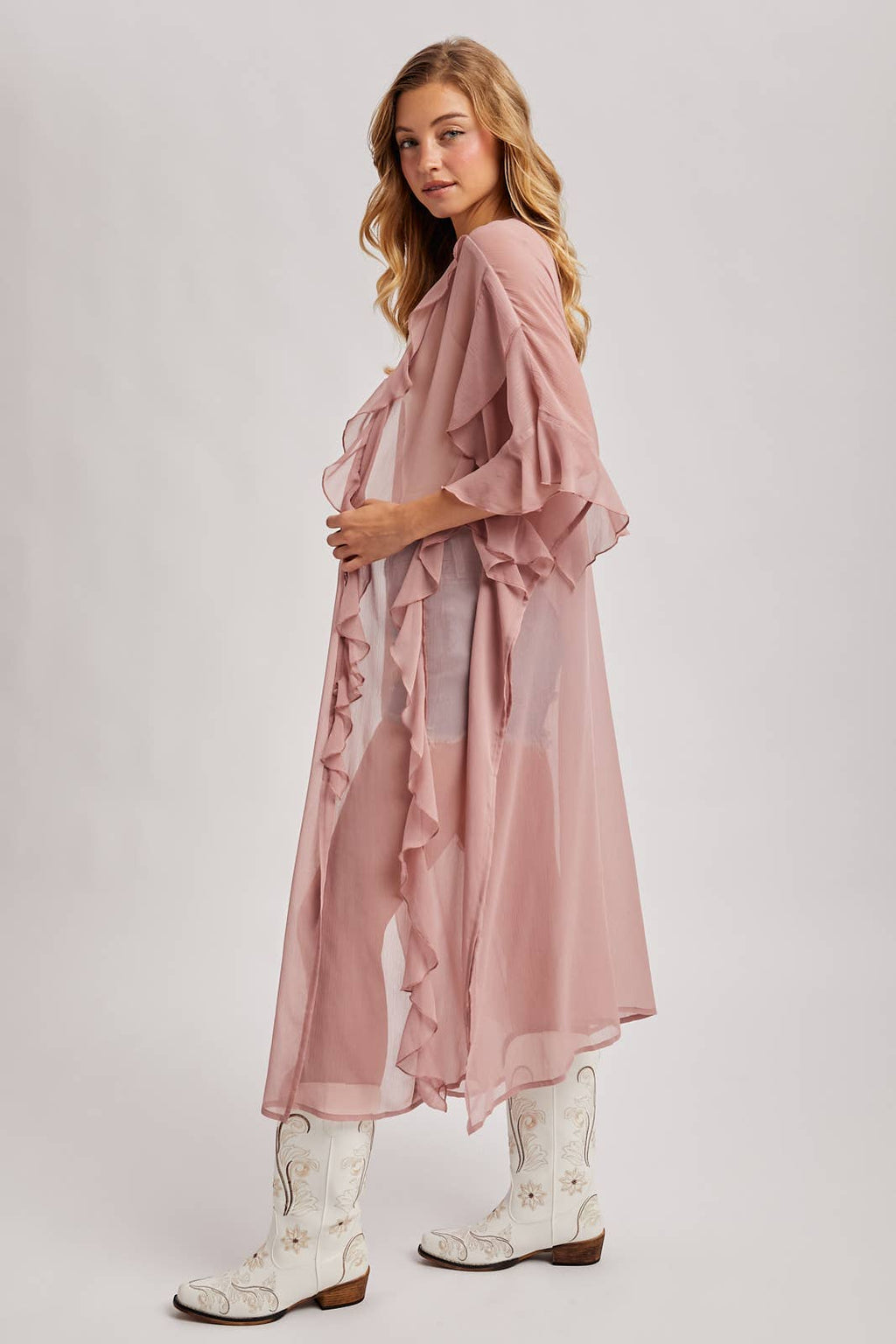 SHEER RUFFLED OPEN FRONT KIMONO COVER-UP DRESS - EASTER DAY: DUSTY PINK / One Size