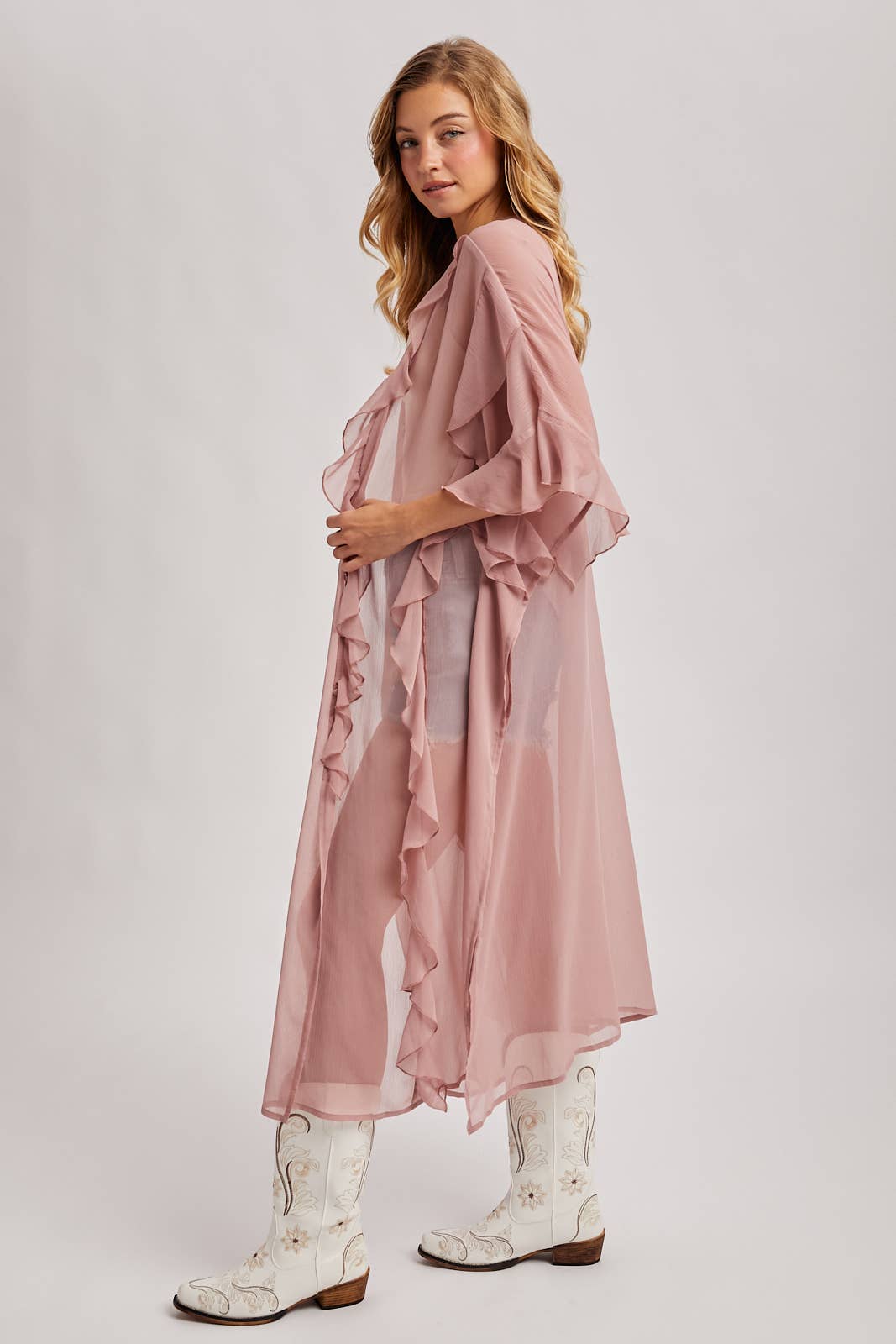 SHEER RUFFLED OPEN FRONT KIMONO COVER-UP DRESS - EASTER DAY: DUSTY PINK / One Size