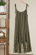 PRINT EMBROIDERED SLEEVESLESS ELASTICE MIDI DRESS: Olive / M