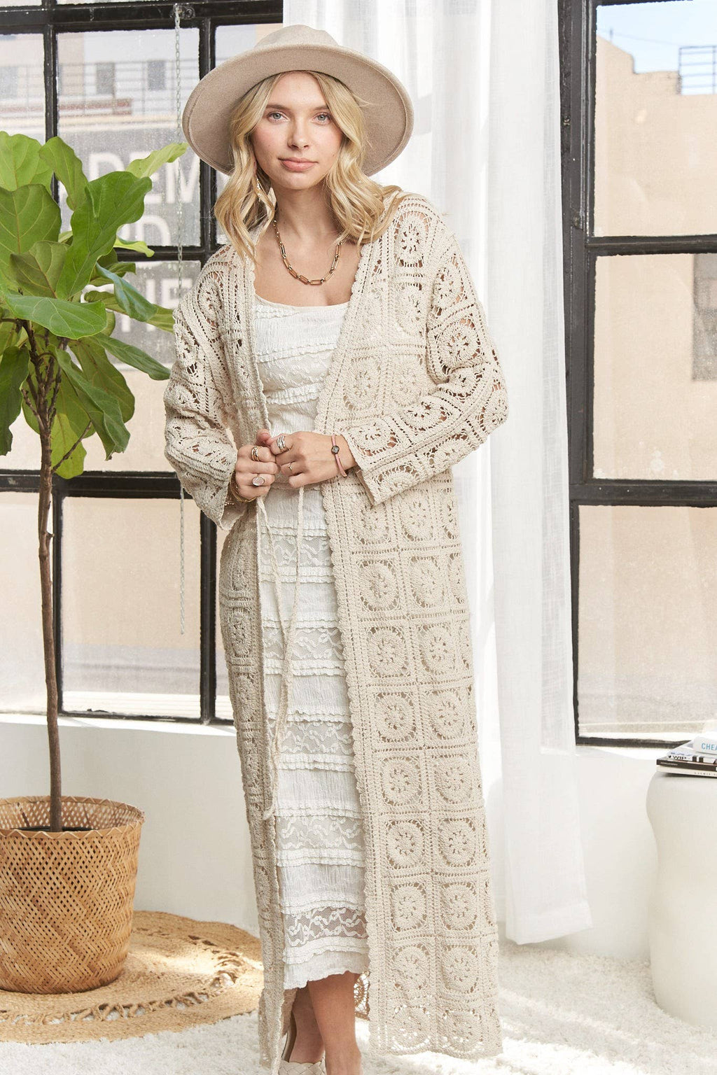 LONG SLEEVES CROCHET CARDIGAN- LESW3831: IVORY / S-M-L(2-2-2)
