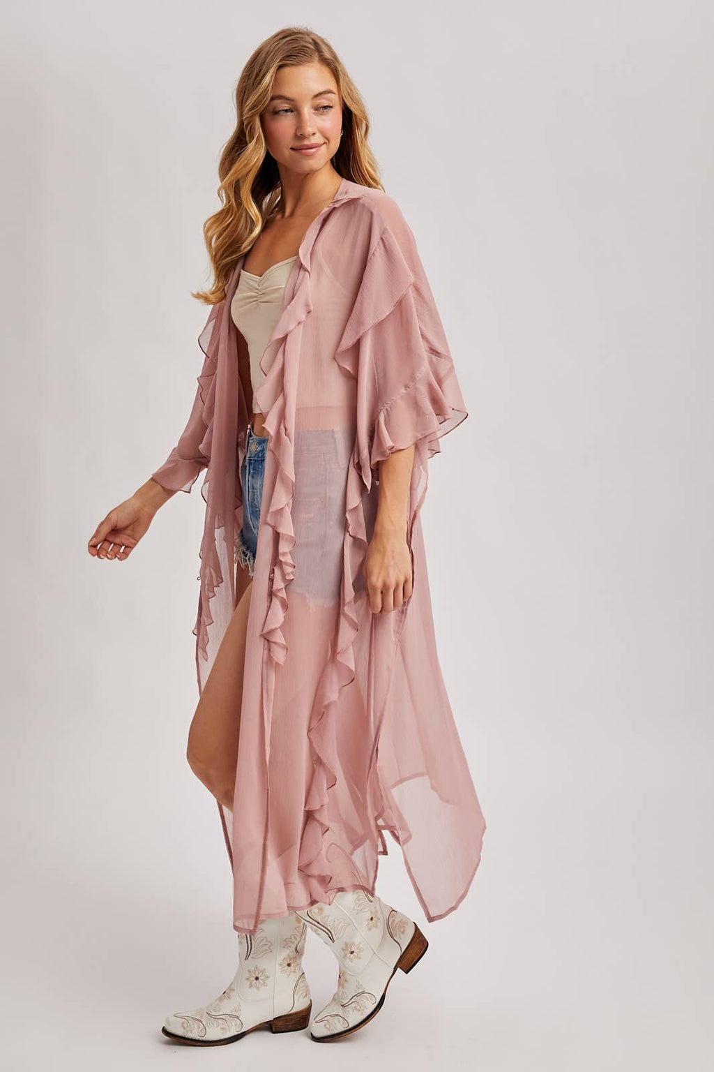 SHEER RUFFLED OPEN FRONT KIMONO COVER-UP DRESS - EASTER DAY: DUSTY PINK / One Size