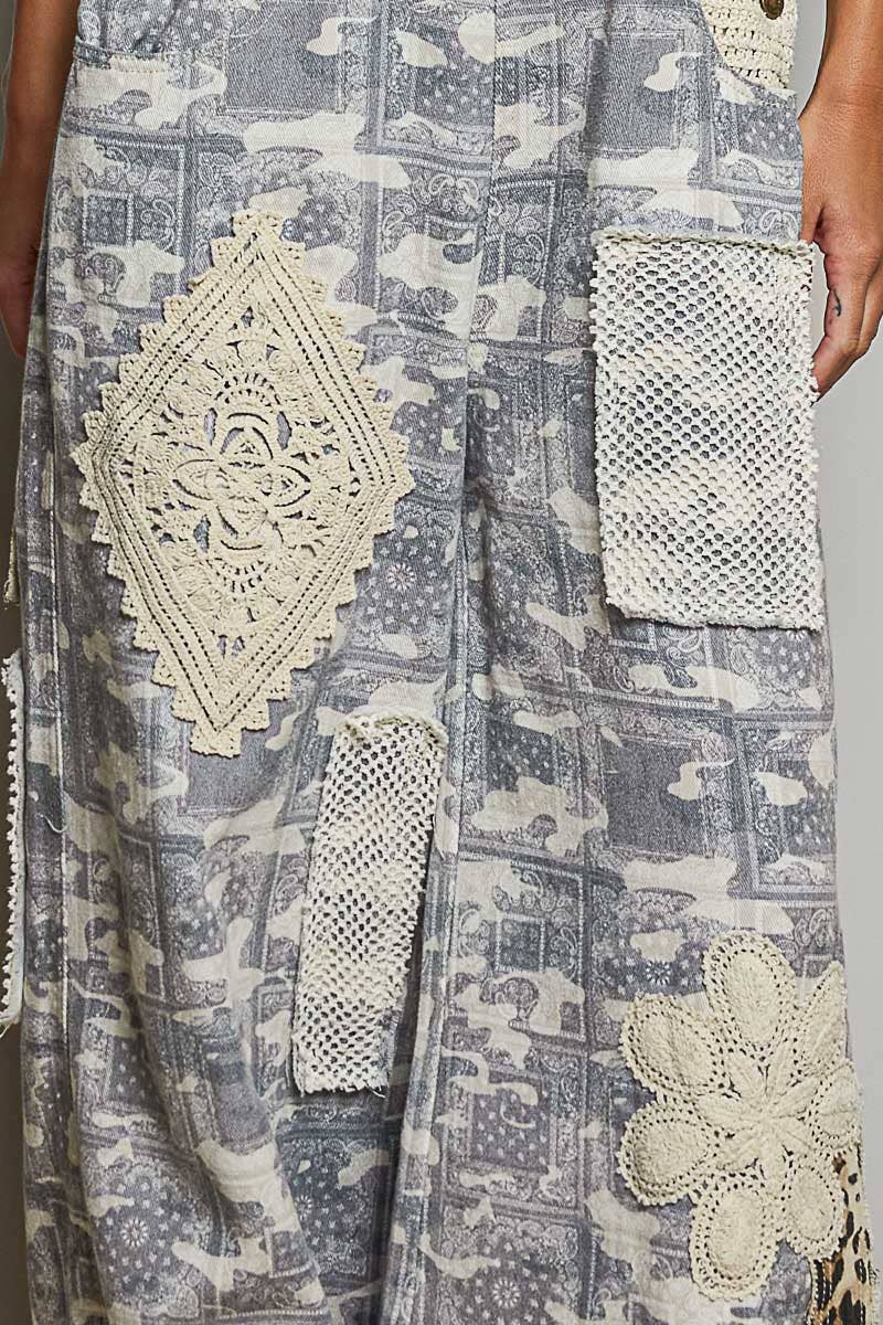 Crochet Contrast Patch Detail Chest Pocket Woven Overalls: ALMOND CAMO / L
