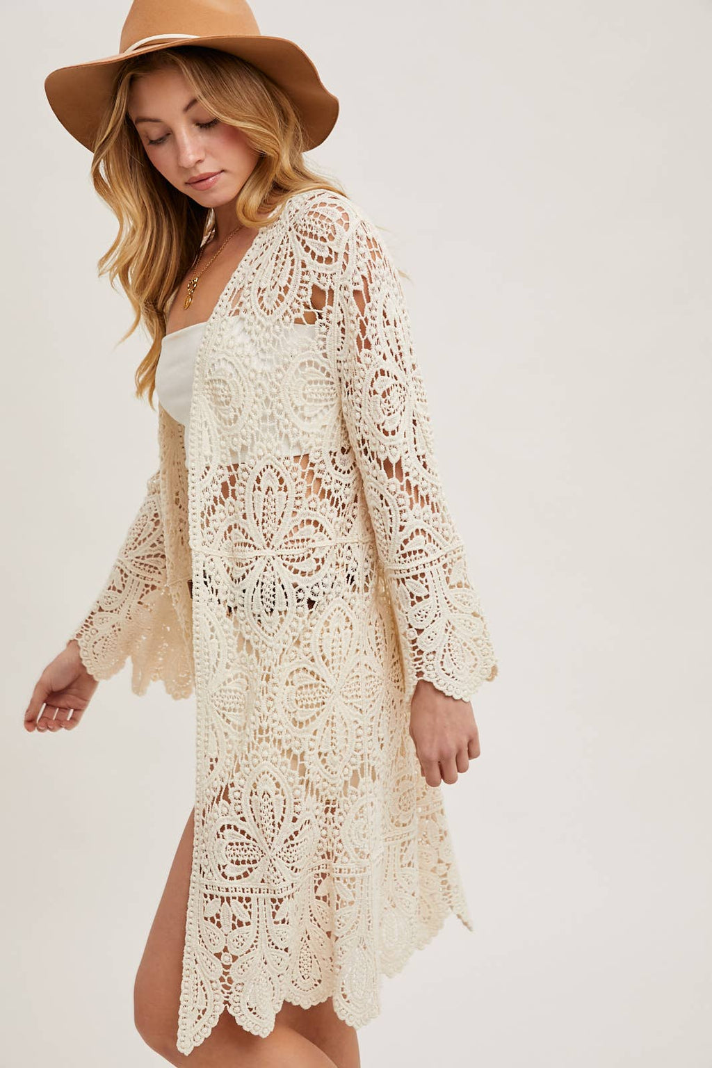 CROCHET OPEN FRONT BELL SLEEVED CARDIGAN: LATTE / M/L