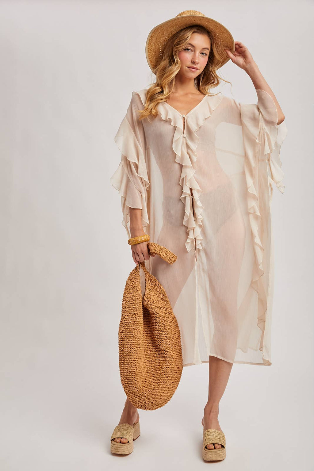 SHEER RUFFLED OPEN FRONT KIMONO COVER-UP DRESS - EASTER DAY: DUSTY PINK / One Size