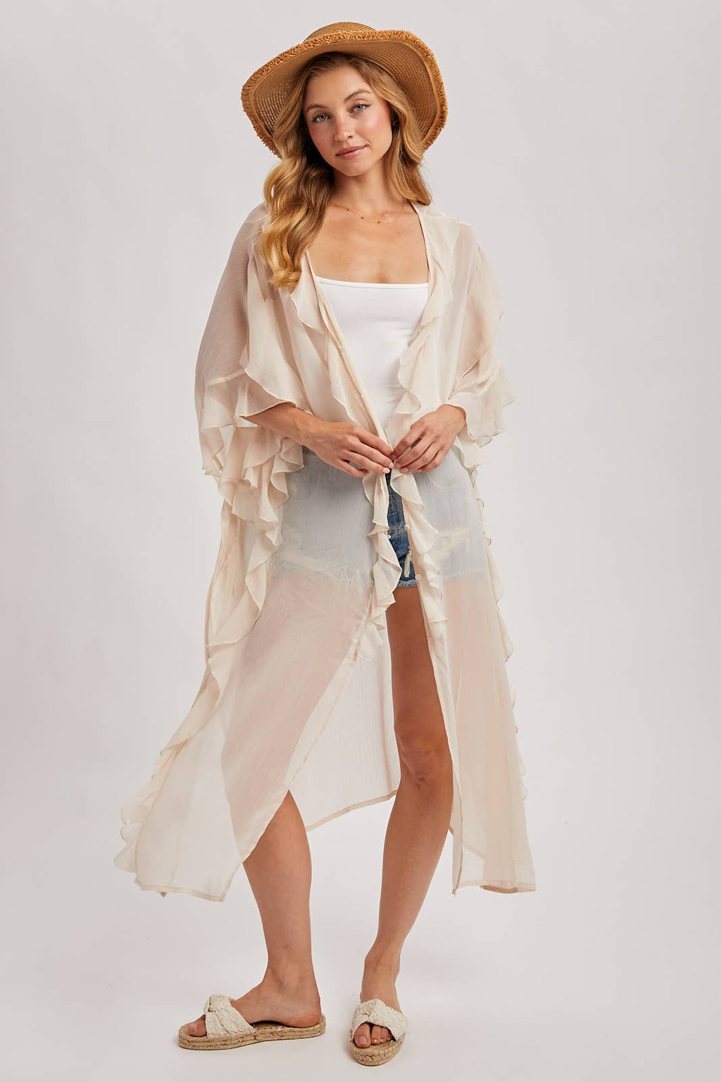 SHEER RUFFLED OPEN FRONT KIMONO COVER-UP DRESS - EASTER DAY: DUSTY PINK / One Size