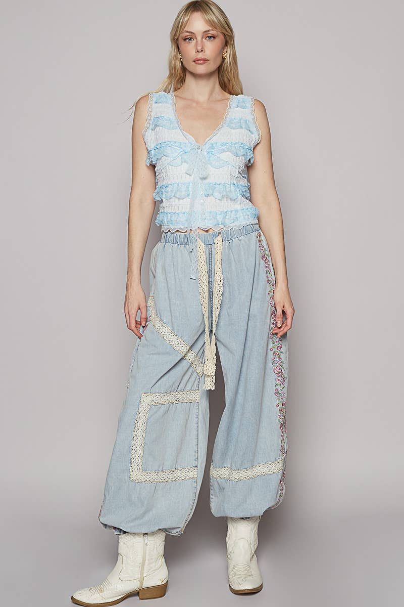 Vintage Washed Embroidery Trim Point Jogger Pants: NAVY CHARCOAL / L