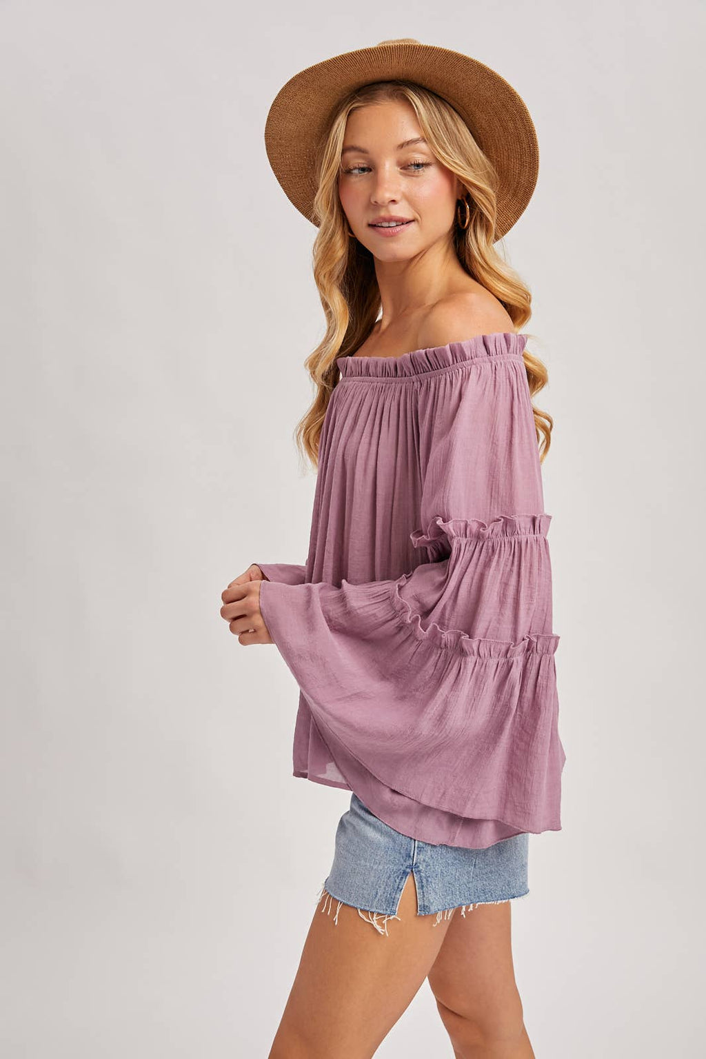 TEXTURED BELL SLEEVE OFF THE SHOULDER TOP: ROSE / L