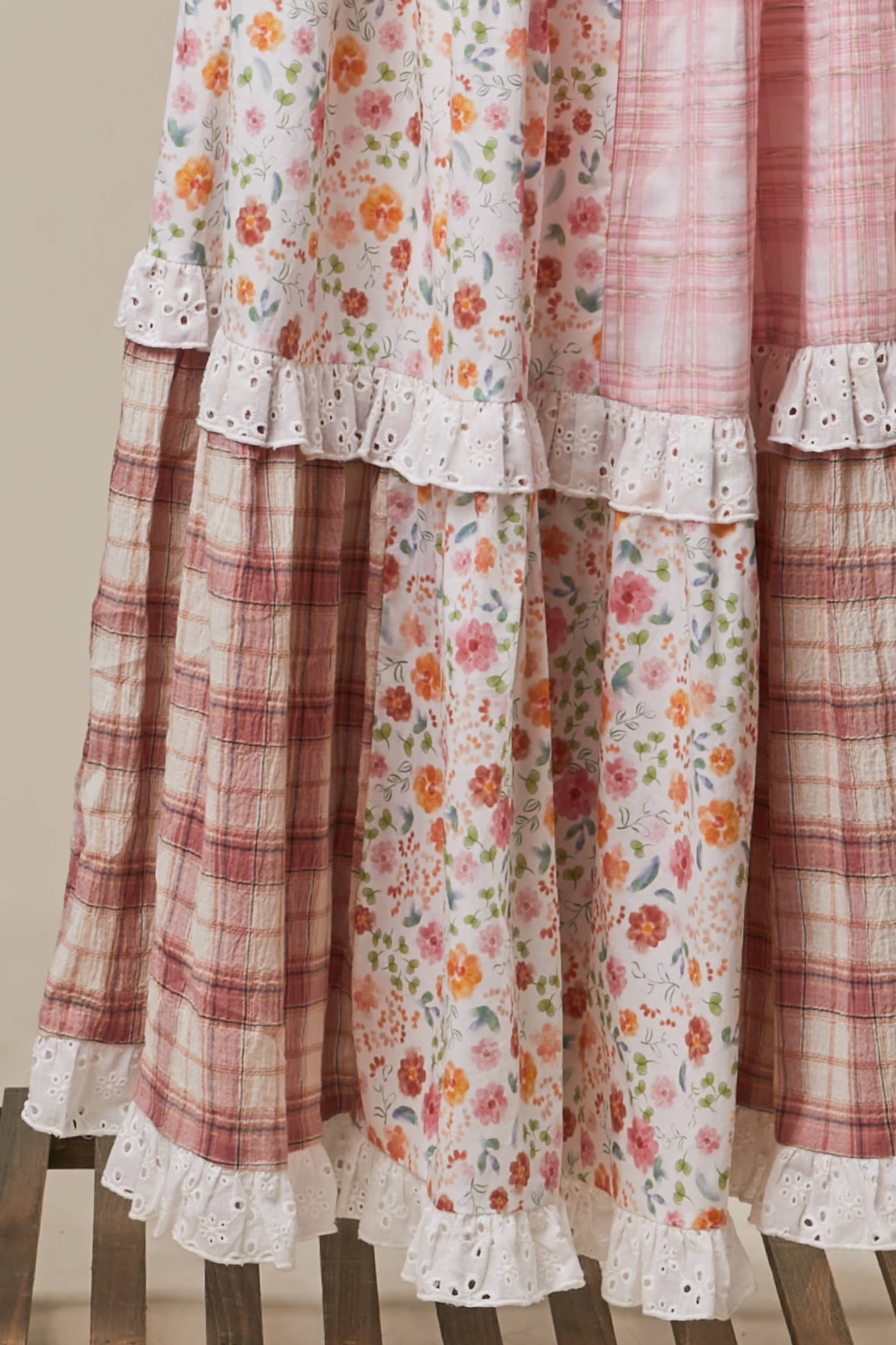 PATCHWORK FLORAL DRESS: Multi Olive / M