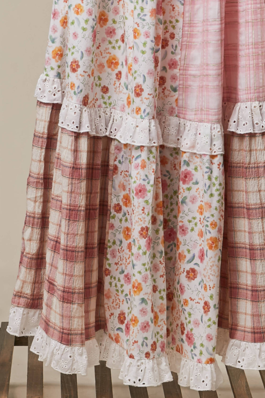 PATCHWORK FLORAL DRESS: Multi Olive / L