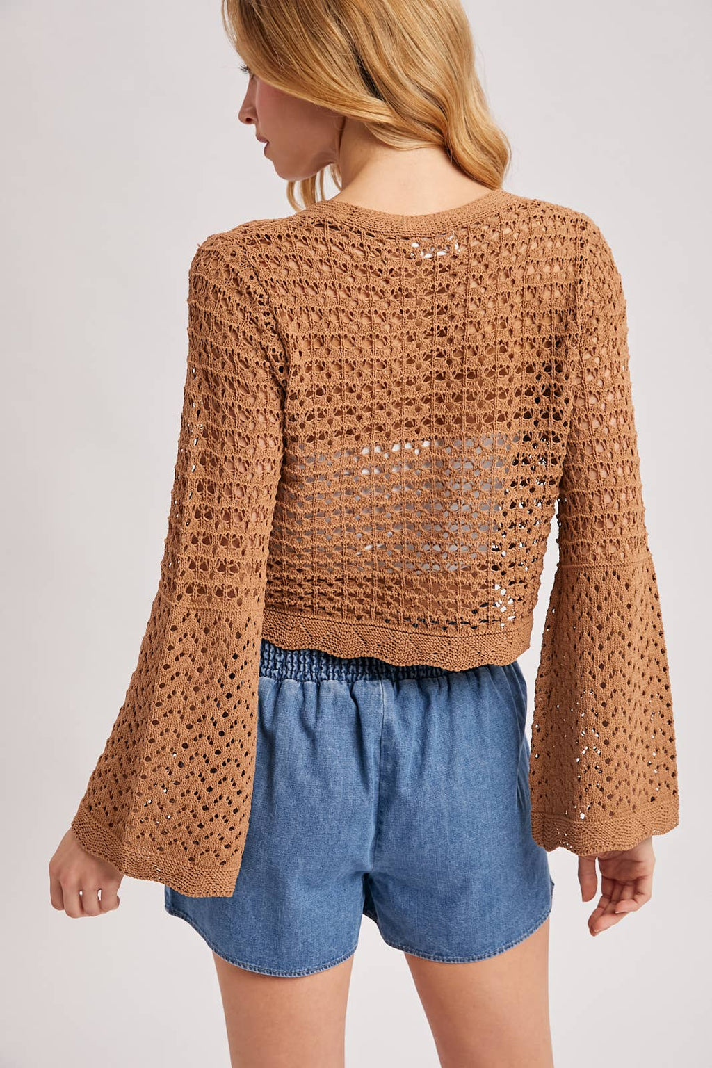 BUTTON DOWN OPEN-KNIT CROCHET CARDIGAN: MOCHA / S