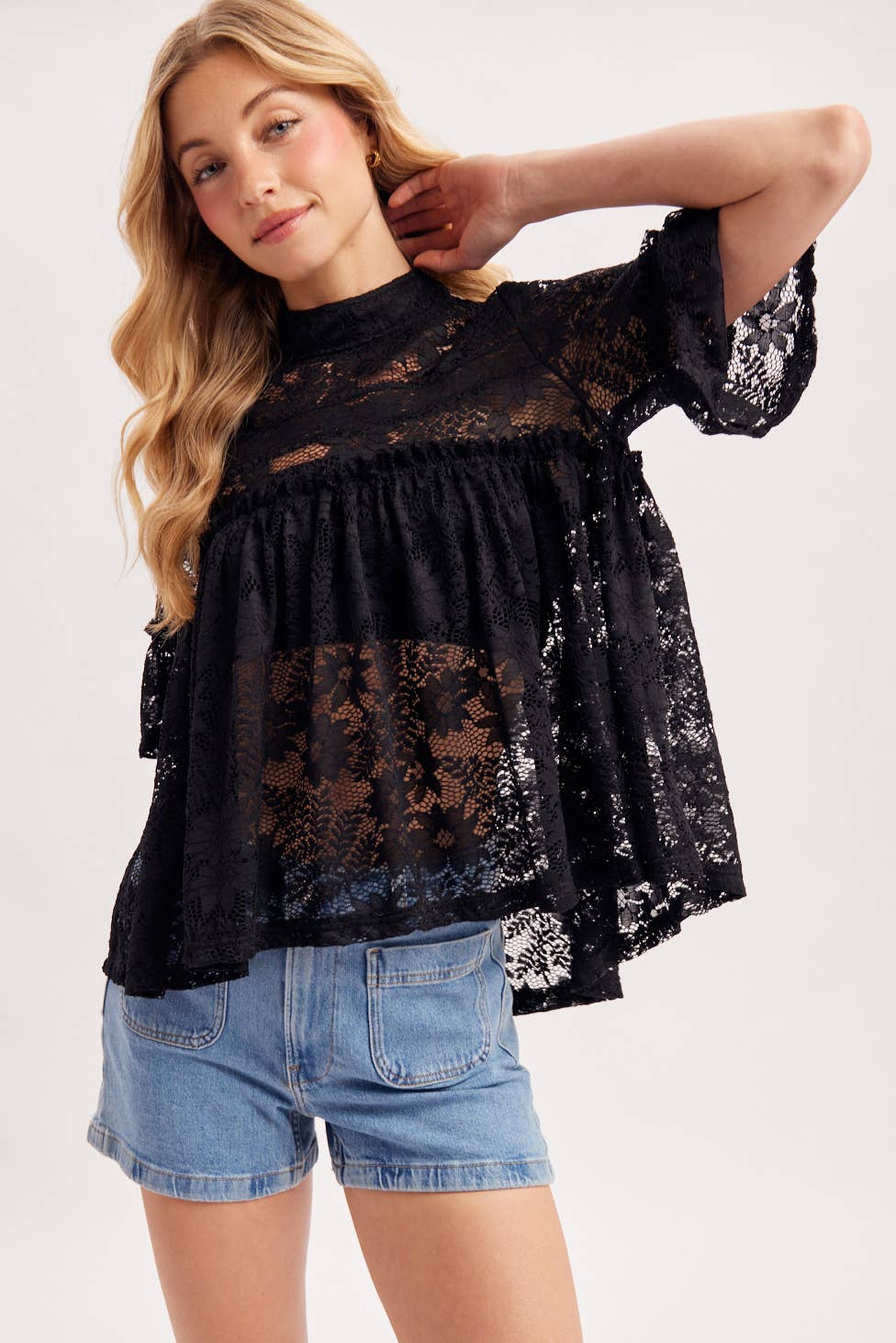 MOCK NECK BABY DOLL LACE TOP WITH NO LINING - EASTER DAY: Black / S