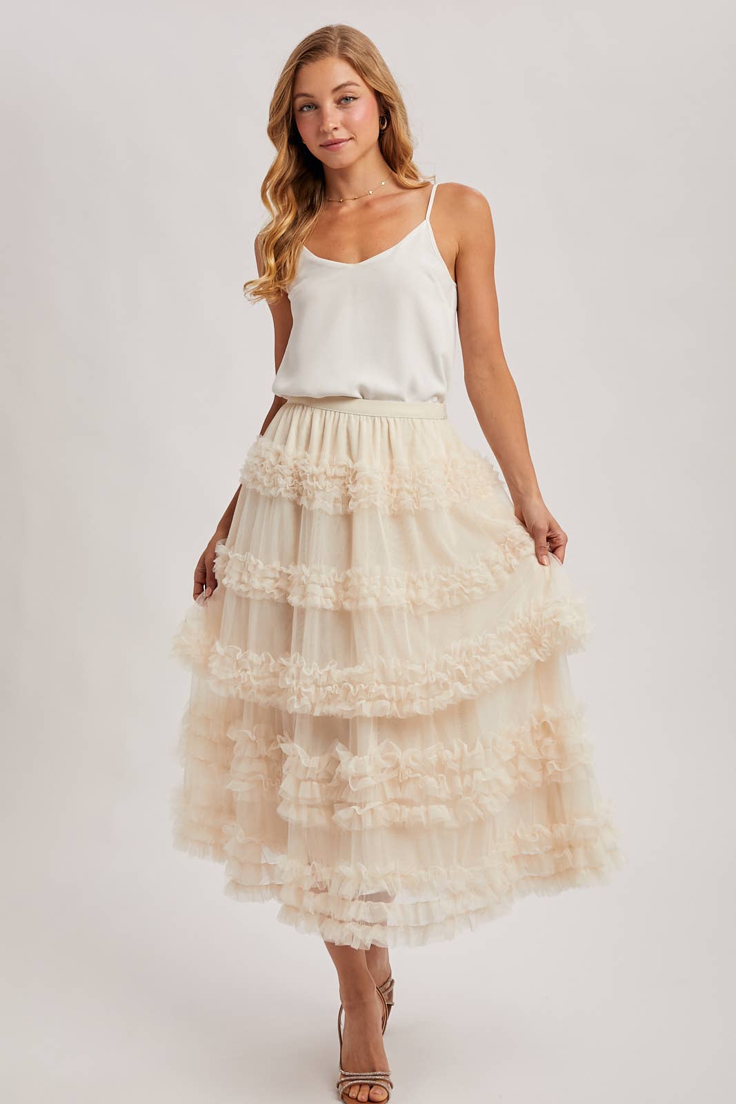 ROMANTIC RUFFLE TIERED TULLE MIDI SKIRT: PLUM / M