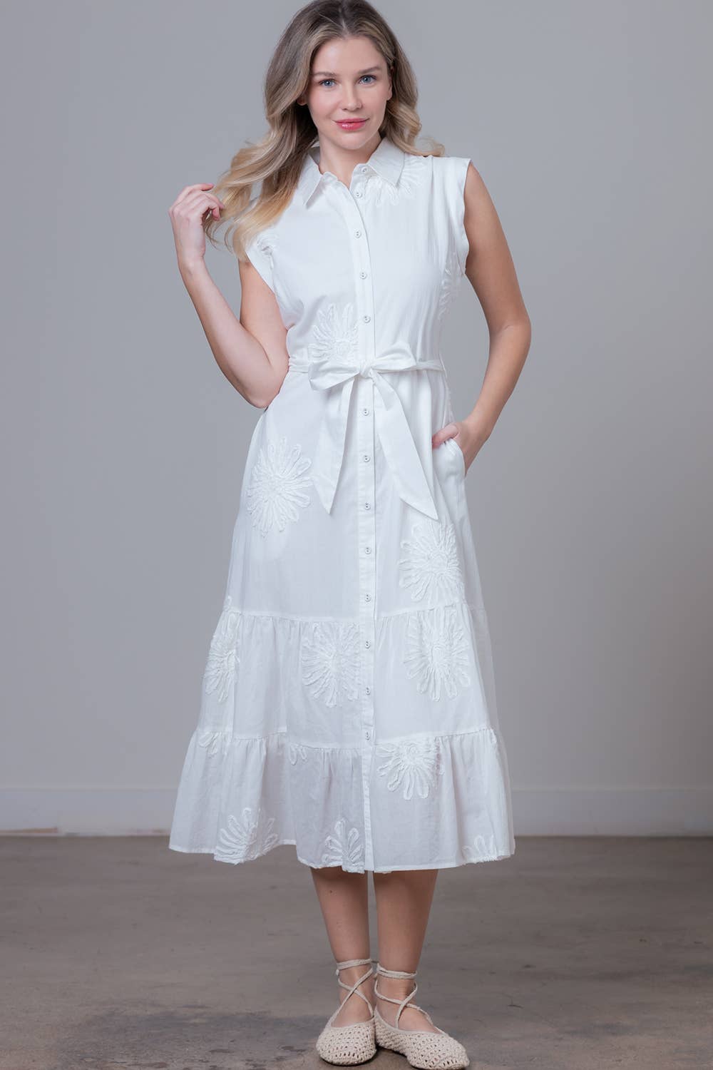 HD30551T-APPLIQUE TIERED SKIRT MIDI DRESS : Pink / Contemporary / L