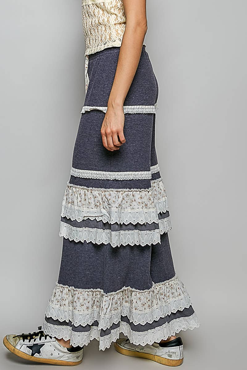 Floral Contrast Eyelet Ruffle Lace Trim Straight Knit Pants: BLUSH