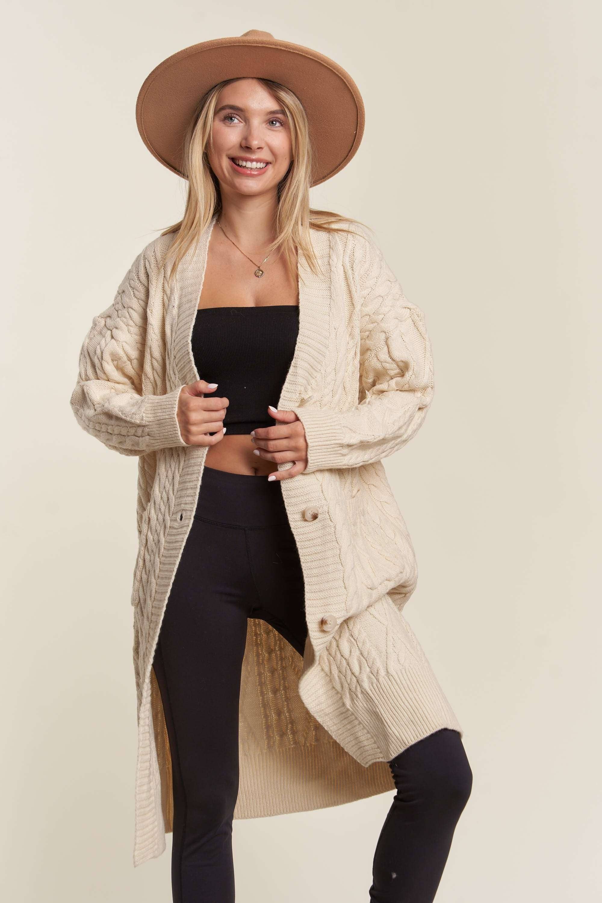 LESW3450A - CABLE KNIT LONG SWEATER CARDIGAN: BEIGE / S/M-M/L(3-3)