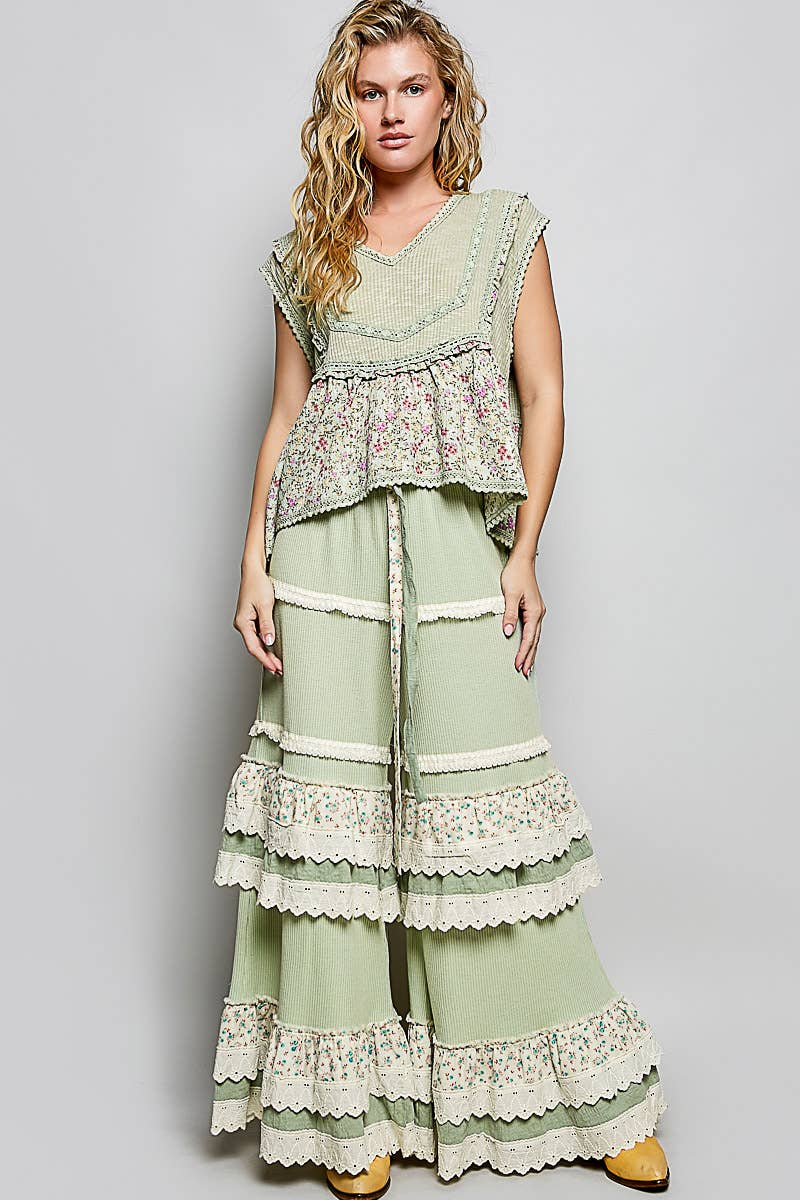 Floral Contrast Eyelet Ruffle Lace Trim Straight Knit Pants: BLUSH