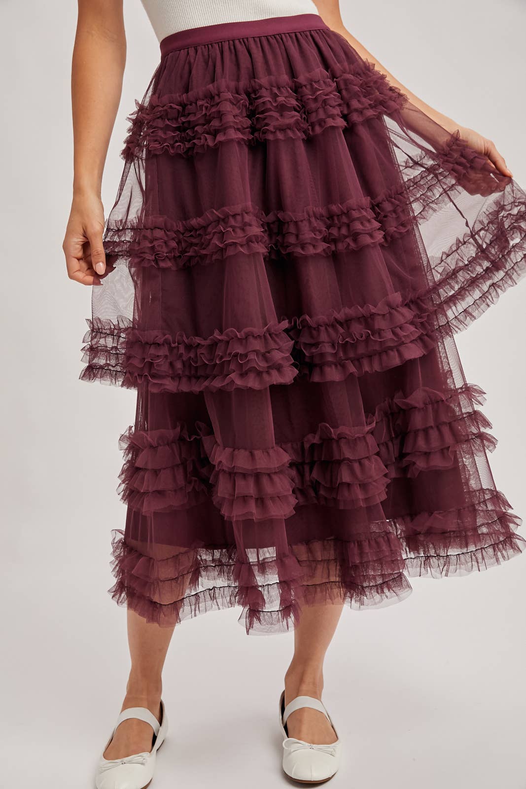 ROMANTIC RUFFLE TIERED TULLE MIDI SKIRT: PLUM / M