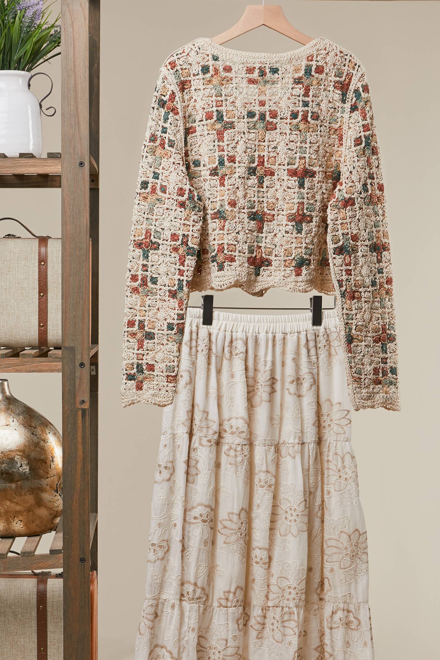 Boho Patchwork Crochet Button Cardigan: Ivory