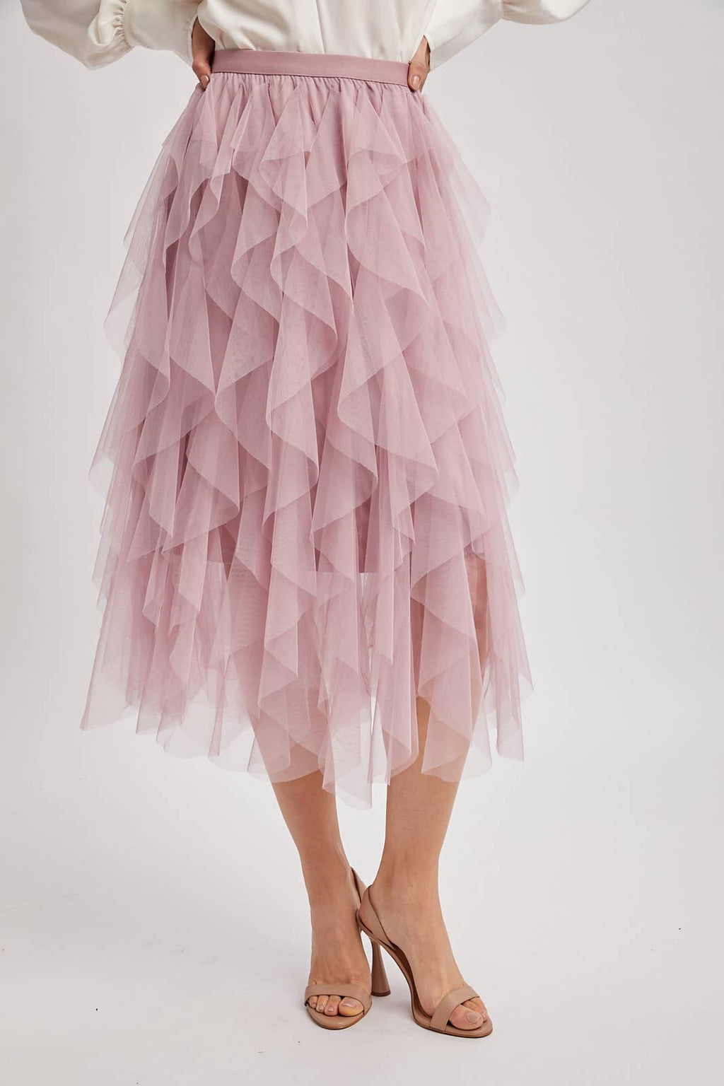SPRIAL RUFFLED TULLE MIDI SKIRT - EASTER DAY: ROSE / L