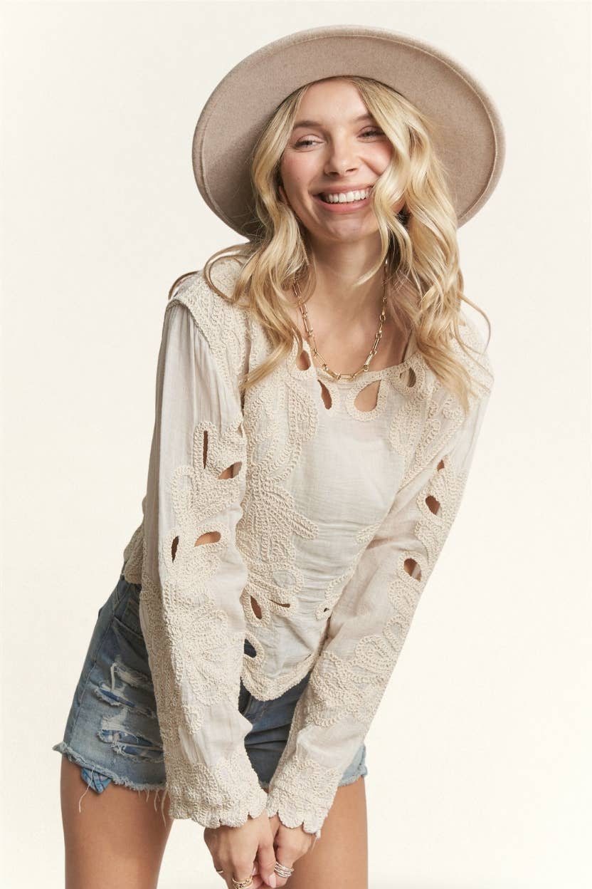 LONG SLEEVE EMBROIDERED BOHO TOP- LET3886: BEIGE / S/M-M/L(3-3)