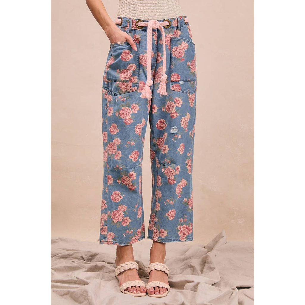 BRAIDED WAIST BELT PATCH POCKET FLORAL DENIM PANTS.