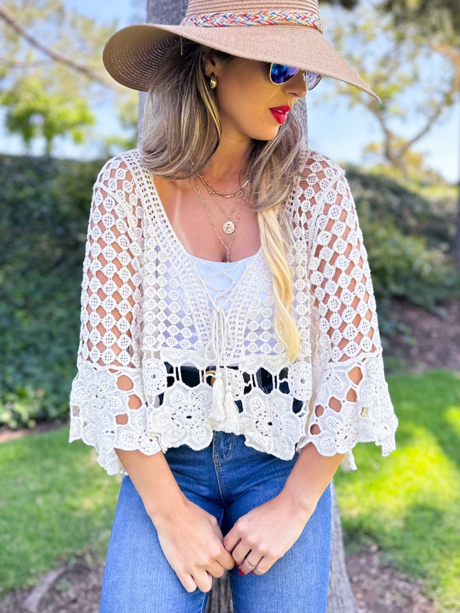 Boho Floral Crochet Bell Sleeve Top with Tassel Lace-Up: Ivory / One Size