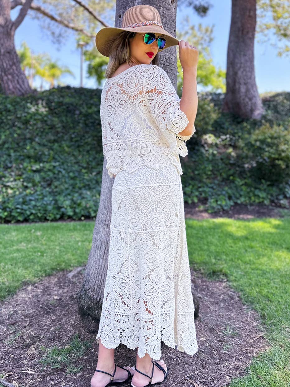 Boho Floral Crochet Maxi Skirt | Matching Set Available: Ivory / One Size