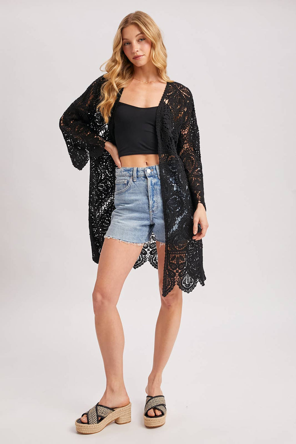 CROCHET OPEN FRONT BELL SLEEVED CARDIGAN: LATTE / S/M