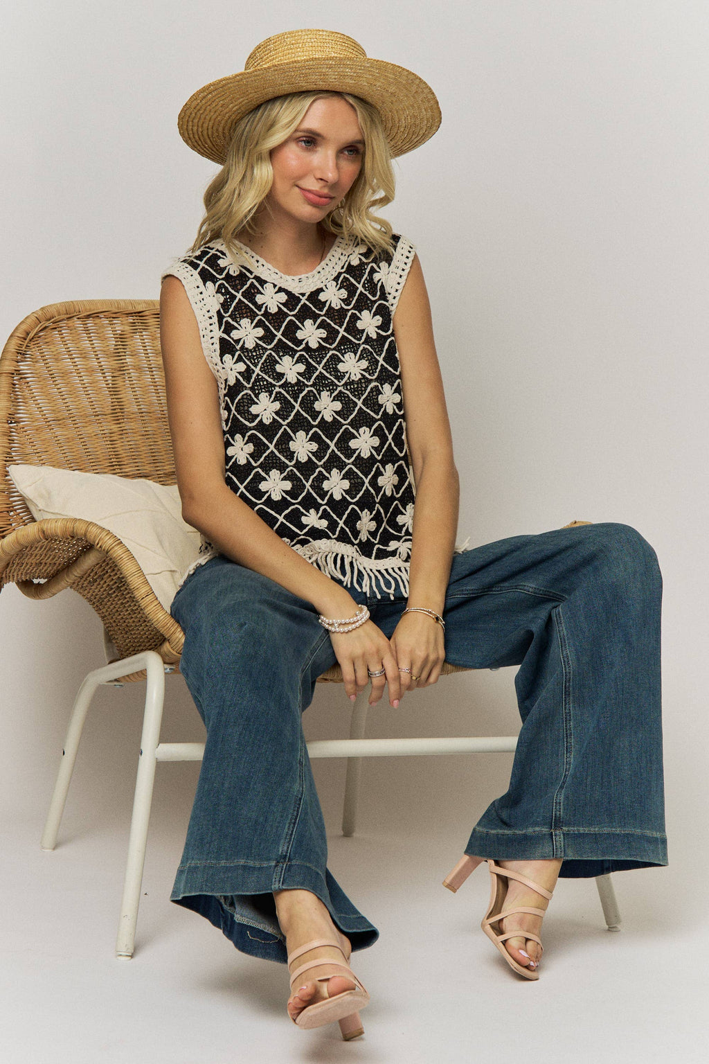 FRINGE HEM CROCHET TOP- LET4265: BEIGE / ONESIZE(6)
