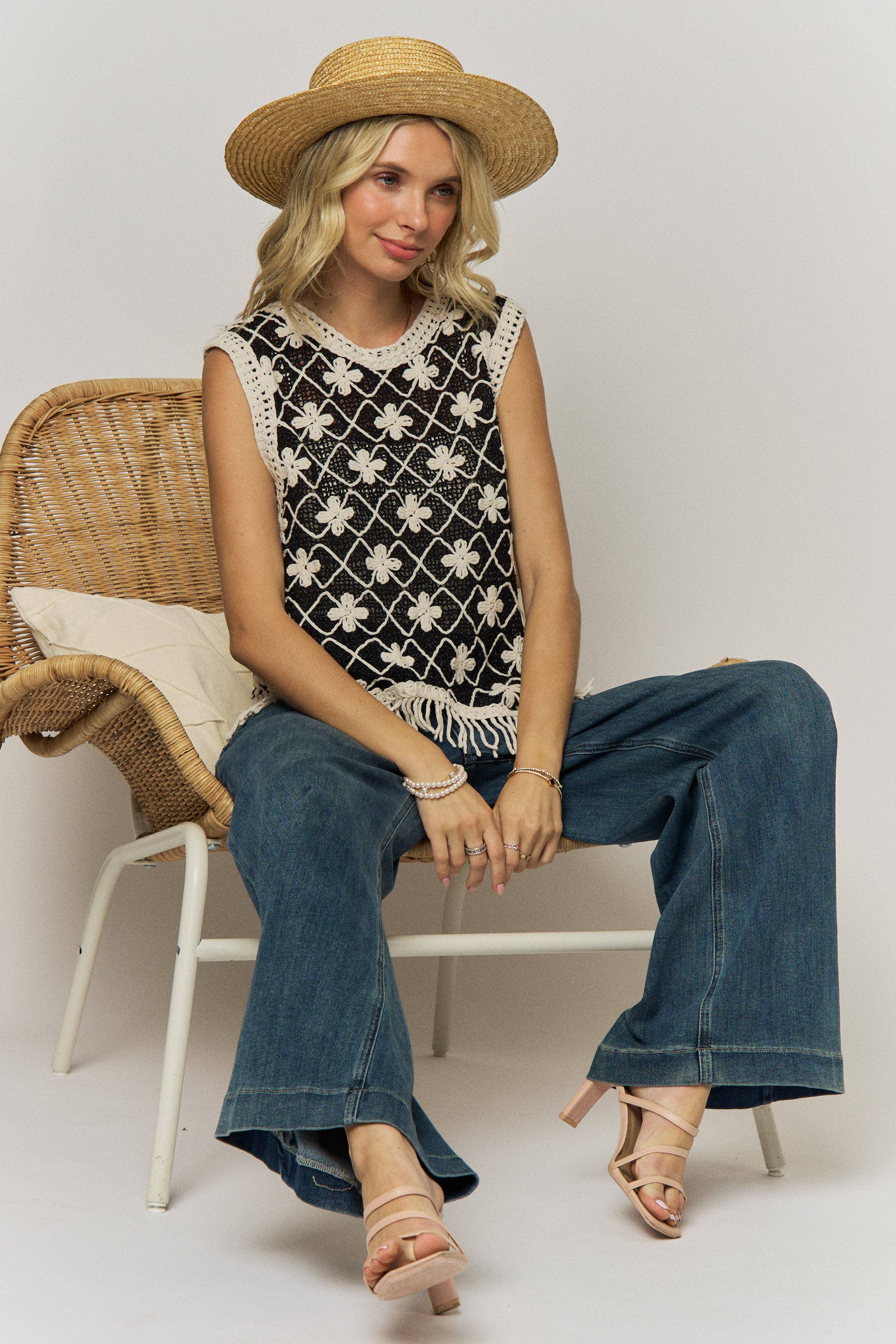 FRINGE HEM CROCHET TOP- LET4265: BEIGE / ONESIZE(6)