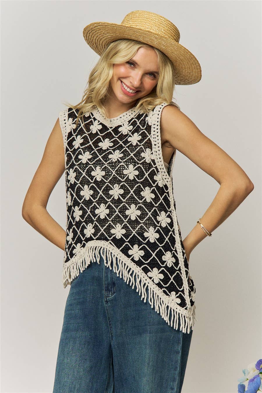 FRINGE HEM CROCHET TOP- LET4265: BEIGE / ONESIZE(6)