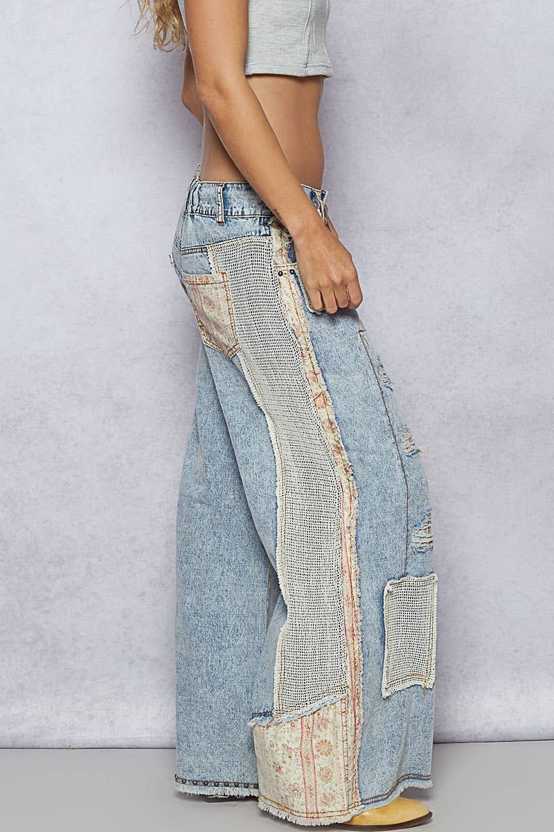 Stud Detail Woven Denim Pants: SAND LEOPARD / S